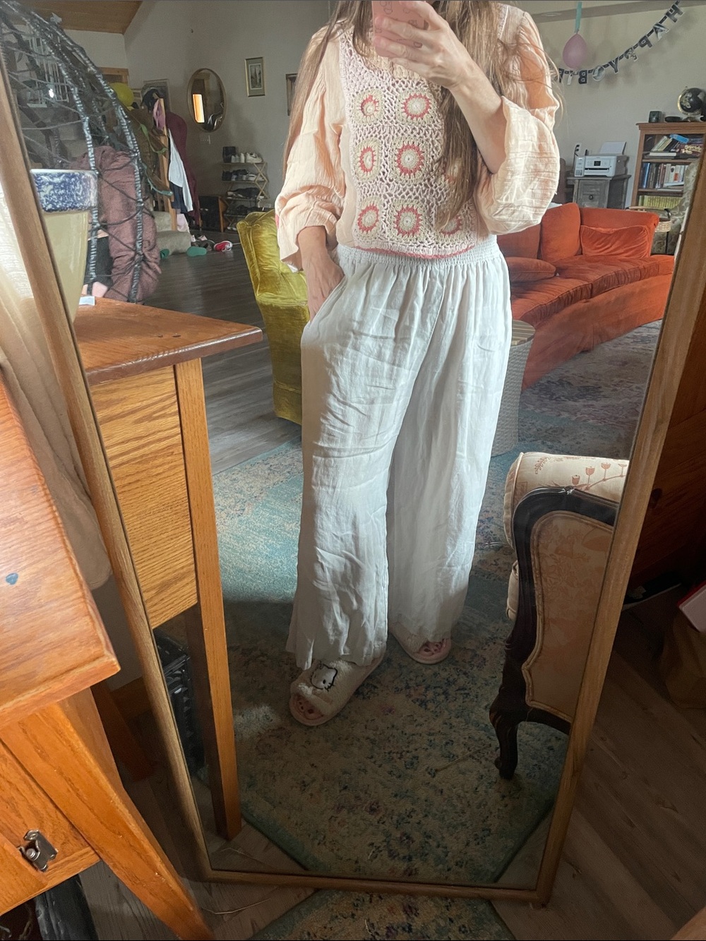 Smocked Waist Linen Pants S
